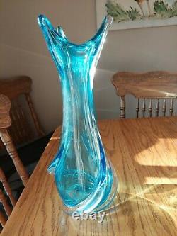 Large Signed Chalet Art Glass Rare Blue Twist Vase 16 1/2 High