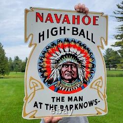 Large Vintage Navahoe High-ball Glassware Porcelain Enamel Heavy Metal Bar Sign