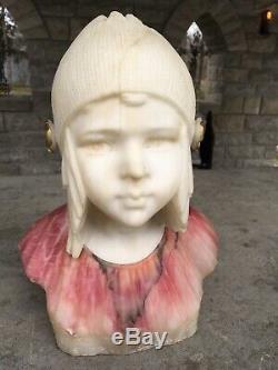 Lovely Antique Alabaster And Marble Large Bust Of Girl Signed Highly Detailed