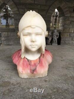 Lovely Antique Alabaster And Marble Large Bust Of Girl Signed Highly Detailed