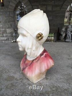 Lovely Antique Alabaster And Marble Large Bust Of Girl Signed Highly Detailed