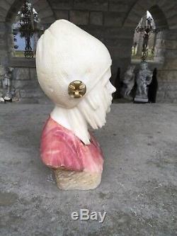 Lovely Antique Alabaster And Marble Large Bust Of Girl Signed Highly Detailed