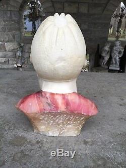 Lovely Antique Alabaster And Marble Large Bust Of Girl Signed Highly Detailed