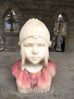 Lovely Antique Alabaster And Marble Large Bust Of Girl Signed Highly Detailed