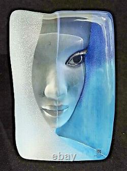 Mats Jonasson Swedish Crystal Glass Blue Woman's Face Sculpture 5.25 High