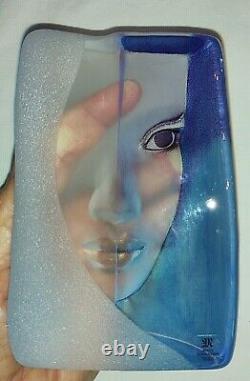 Mats Jonasson Swedish Crystal Glass Blue Woman's Face Sculpture 5.25 High