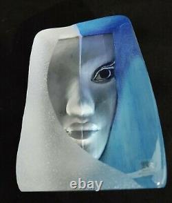 Mats Jonasson Swedish Crystal Glass Blue Woman's Face Sculpture 5.25 High