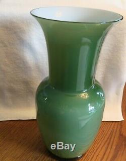 Murano Venini Signed Apple Green Opaline Cased Glass Vase 11 3/4 High 2001