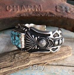 NAVAJO Harry Begay High Grade Kingman Turquoise & Sterling Cuff Signed