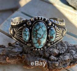 NAVAJO Harry Begay High Grade Kingman Turquoise & Sterling Cuff Signed