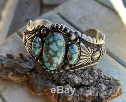 NAVAJO Harry Begay High Grade Kingman Turquoise & Sterling Cuff Signed