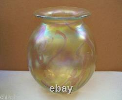 OPULENT Gold Aurene IRIDESCENT Art Glass VASE Signed EICKHOLT 5.25 in high PLUSH