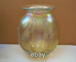 OPULENT Gold Aurene IRIDESCENT Art Glass VASE Signed EICKHOLT 5.25 in high PLUSH