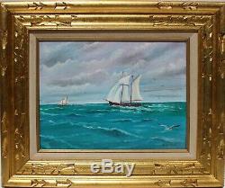 Oil painting on canvas, seascape, Sailing ship on the high seas, Signed, Framed