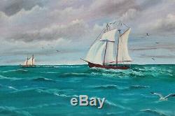 Oil painting on canvas, seascape, Sailing ship on the high seas, Signed, Framed