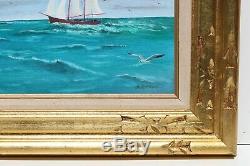 Oil painting on canvas, seascape, Sailing ship on the high seas, Signed, Framed