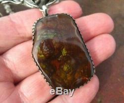 Old Navajo Foliate Sterling High Quality Fire Agate Necklace Signed 60 Grams