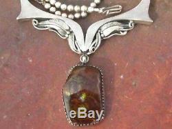 Old Navajo Foliate Sterling High Quality Fire Agate Necklace Signed 60 Grams