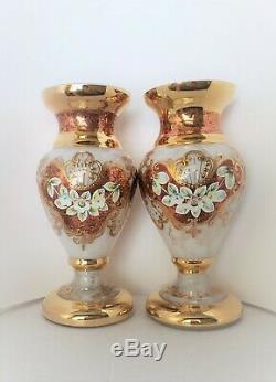 Pair Gold & White Bohemian Crystal High Enameled Mantle Vase Signed Ltd Ed 8