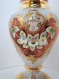 Pair Gold & White Bohemian Crystal High Enameled Mantle Vase Signed Ltd Ed 8