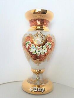 Pair Gold & White Bohemian Crystal High Enameled Mantle Vase Signed Ltd Ed 8