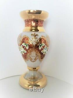 Pair Gold & White Bohemian Crystal High Enameled Mantle Vase Signed Ltd Ed 8