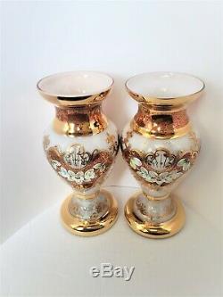 Pair Gold & White Bohemian Crystal High Enameled Mantle Vase Signed Ltd Ed 8