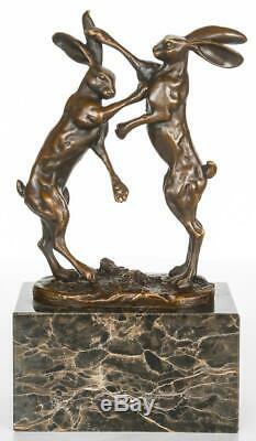 Pair of Bronze Hares Boxing on Solid Marble Base Signed 24cm High