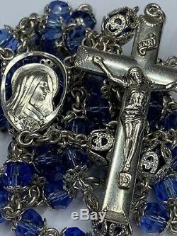 Rare High End Vintage Sterling Signed Double Capped Blue Rosary Necklace 31