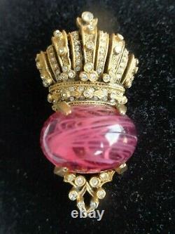 Rare Signed Cadoro Gripoix Pink Glass High Dome Cab Rhinestone Crown Crest Pin