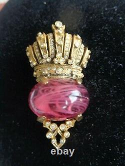 Rare Signed Cadoro Gripoix Pink Glass High Dome Cab Rhinestone Crown Crest Pin