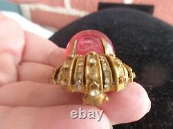 Rare Signed Cadoro Gripoix Pink Glass High Dome Cab Rhinestone Crown Crest Pin