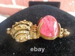 Rare Signed Cadoro Gripoix Pink Glass High Dome Cab Rhinestone Crown Crest Pin