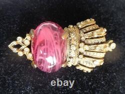 Rare Signed Cadoro Gripoix Pink Glass High Dome Cab Rhinestone Crown Crest Pin