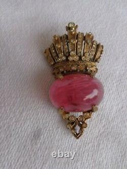 Rare Signed Cadoro Gripoix Pink Glass High Dome Cab Rhinestone Crown Crest Pin