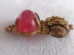 Rare Signed Cadoro Gripoix Pink Glass High Dome Cab Rhinestone Crown Crest Pin