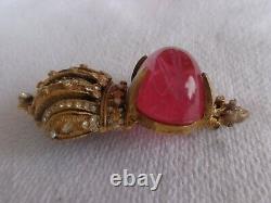 Rare Signed Cadoro Gripoix Pink Glass High Dome Cab Rhinestone Crown Crest Pin