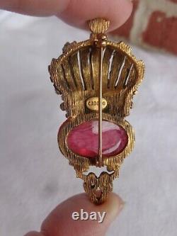 Rare Signed Cadoro Gripoix Pink Glass High Dome Cab Rhinestone Crown Crest Pin