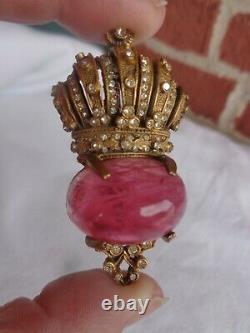 Rare Signed Cadoro Gripoix Pink Glass High Dome Cab Rhinestone Crown Crest Pin