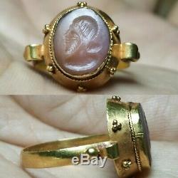 Roman agate king signed intaglio stone high carat Gold Ring 5.5 grams # 14