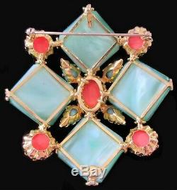 SCHREINER Signed Green Glass Tile & Coral High Dome Brooch Pin Pendant RARE