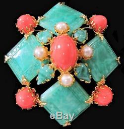 SCHREINER Signed Green Glass Tile & Coral High Dome Brooch Pin Pendant RARE