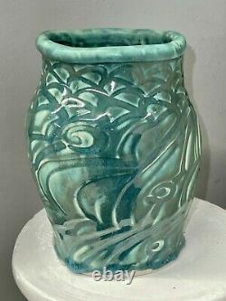 SCOTT TUBBY Signed Studio Pottery Teal Green Vase Cape Ann Rockport MA Artist