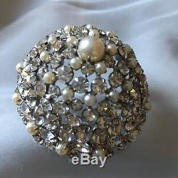 Schreiner NY Signed Brooch/pin Pearl and Clear Rhinestone Highly Domed Vintage