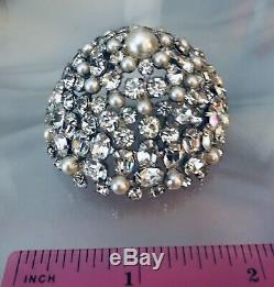 Schreiner NY Signed Brooch/pin Pearl and Clear Rhinestone Highly Domed Vintage