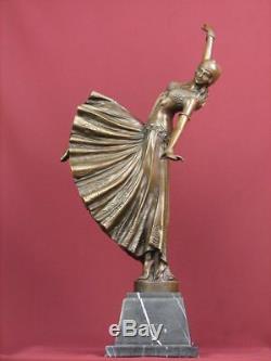 Signed 22 Bronze Statue Art Deco Highly Detailed Dancer Sculpture On Marble