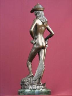 Signed Bronze Classic Sculpture Nude Male Art Highly Detailed Statue On Marble