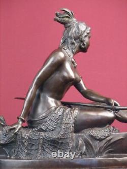 Signed Bronze Highly Detailed Statue Native American Indian On Marble Base