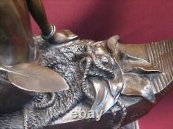 Signed Bronze Highly Detailed Statue Native American Indian On Marble Base