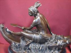 Signed Bronze Highly Detailed Statue Native American Indian On Marble Base